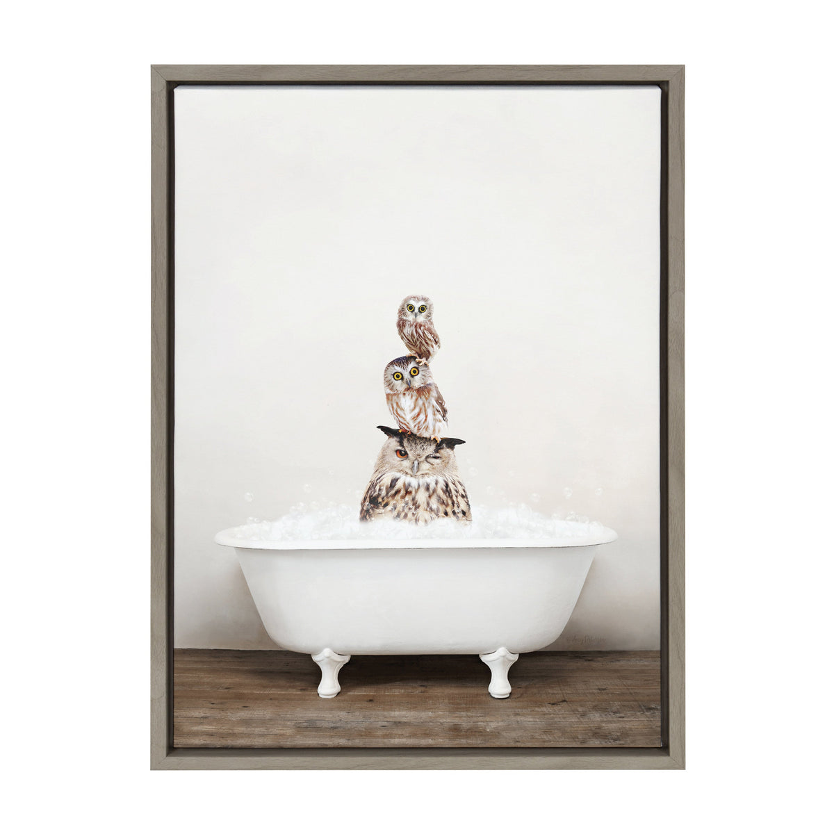 Sylvie Stacked Owls in Rustic Bath Framed Canvas by Amy Peterson Art Studio