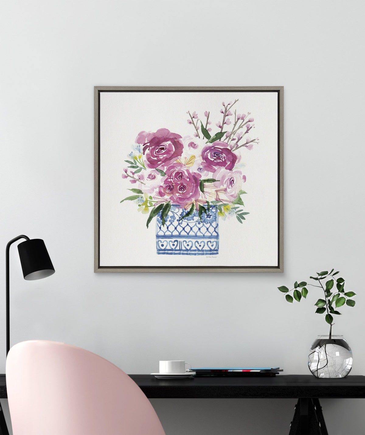 Sylvie Pink Blooms in Chinoiserie Framed Canvas by Patricia Shaw