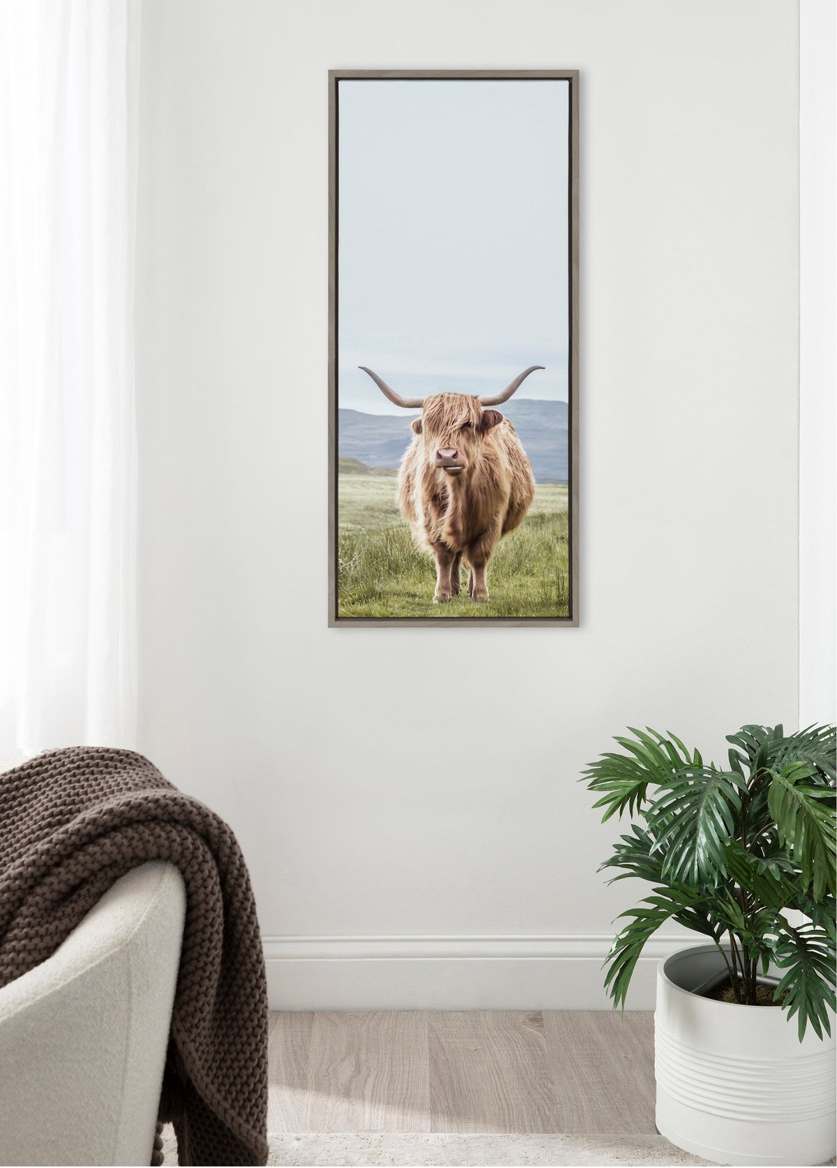 Sylvie Highland Cow Mountain Landscape Framed Canvas by The Creative Bunch Studio