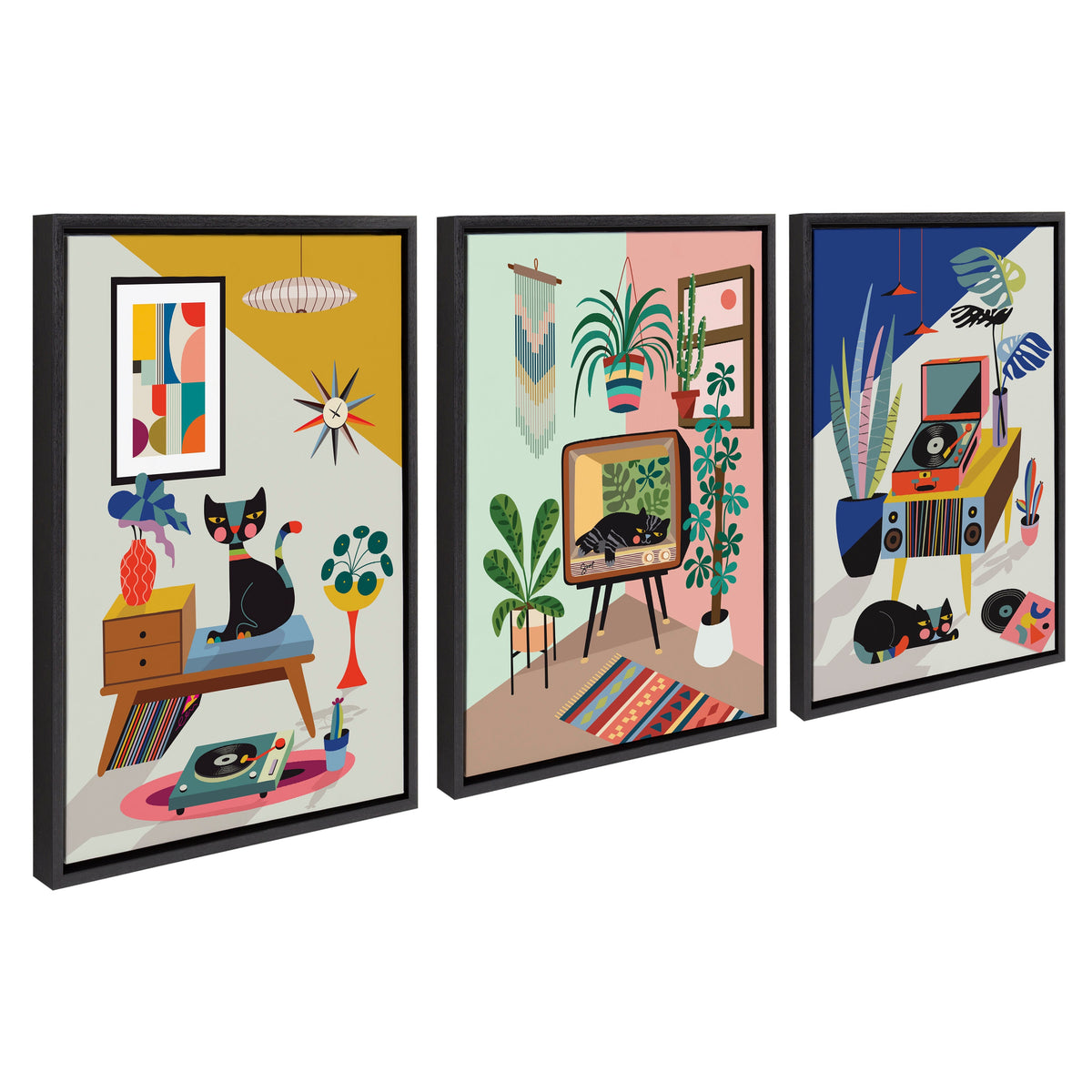 Sylvie Record Player, TV Cat Bed and Chill Out Saturday Framed Canvas Art Set by Rachel Lee of My Dream Wall