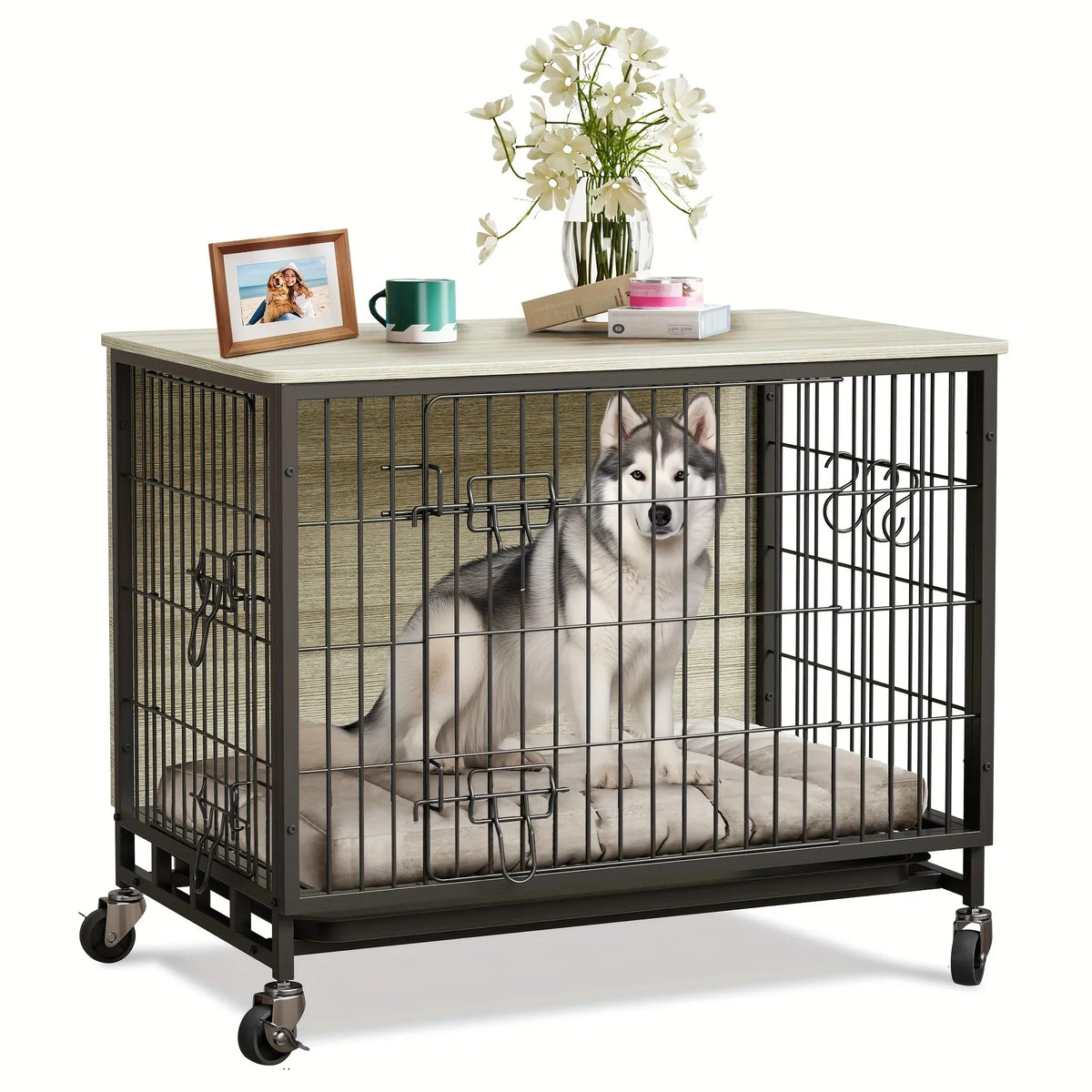 Large Heavy-Duty MDF & Wood Dog Crate Furniture - Double Door Kennel End Table with Removable Tray, Adjustable Divider &, Chew-Resistant Puppy Cage for Indoor/Outdoor Use, Multi-Size Dog House for Large Breeds (Golden Accent