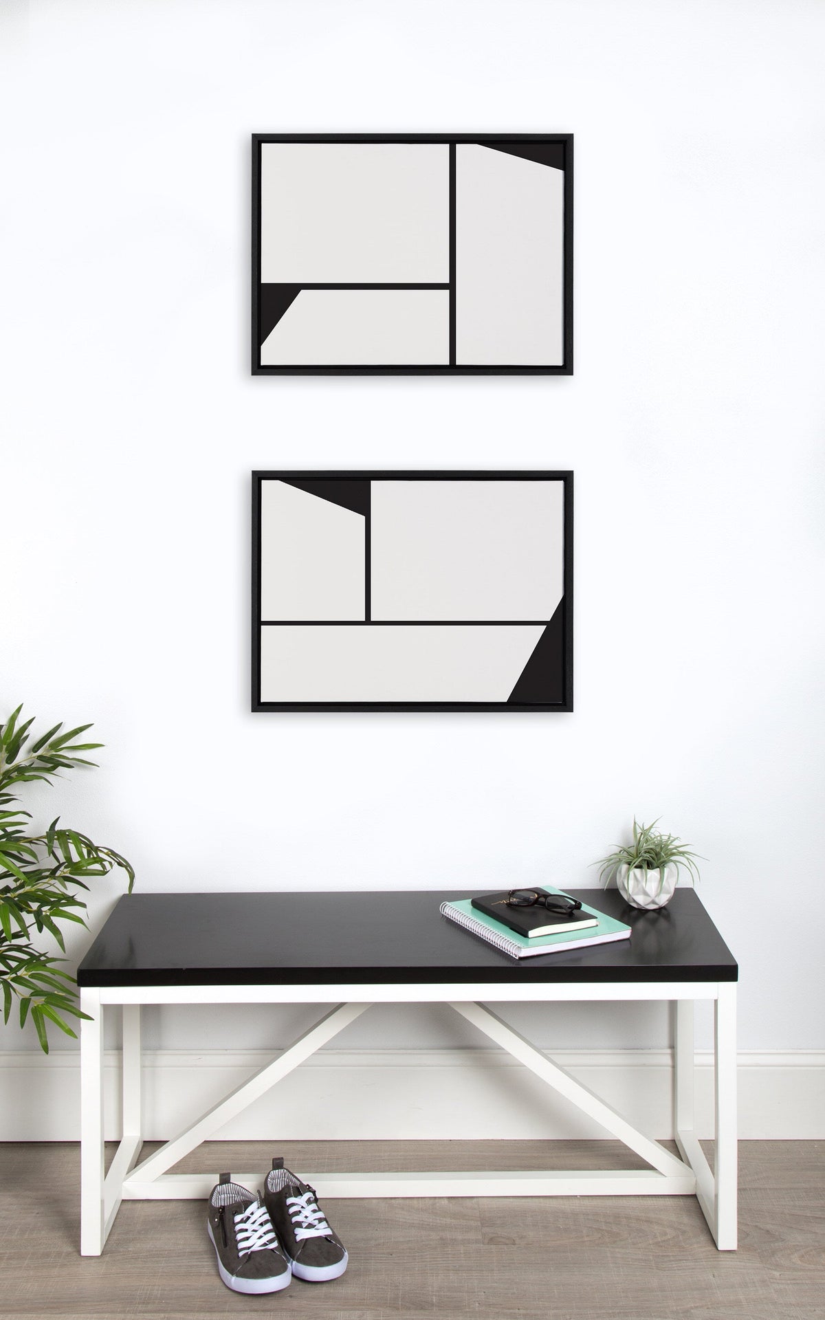Sylvie Sleek Luxe Minimalist Black and White Abstract Framed Canvas Art Set by The Creative Bunch Studio