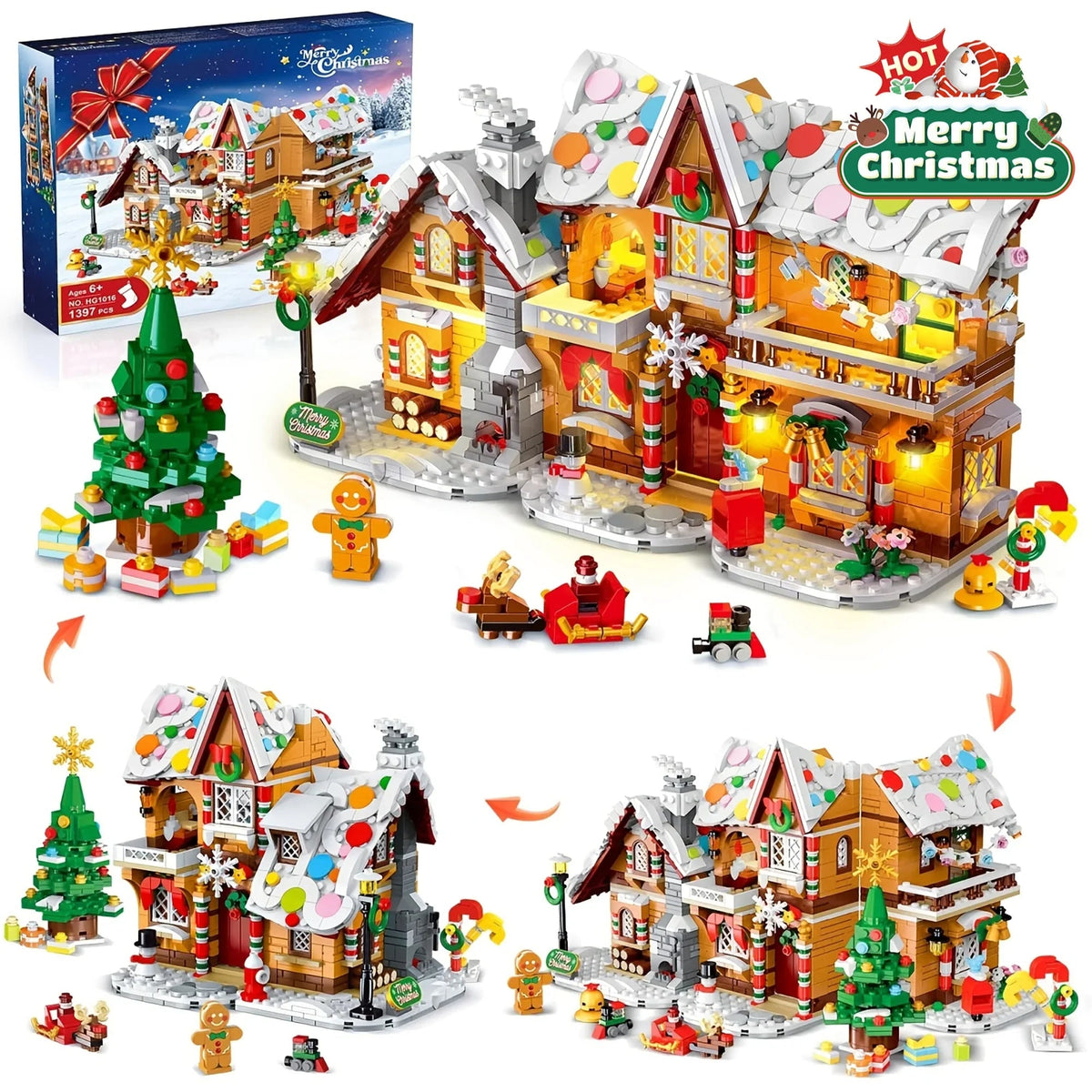 LED Christmas Village Building Blocks Set with Train & Santa