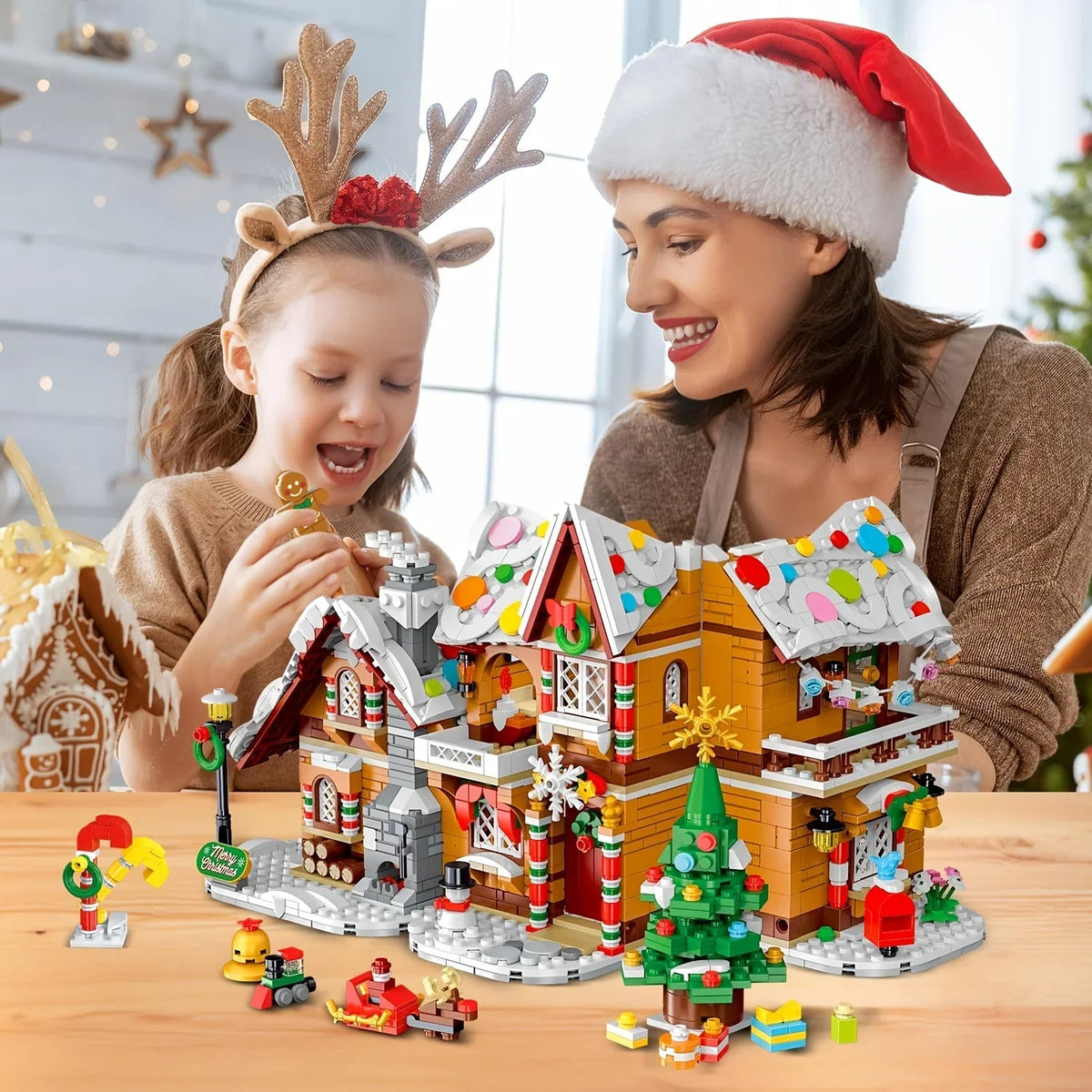 LED Christmas Village Building Blocks Set with Train & Santa