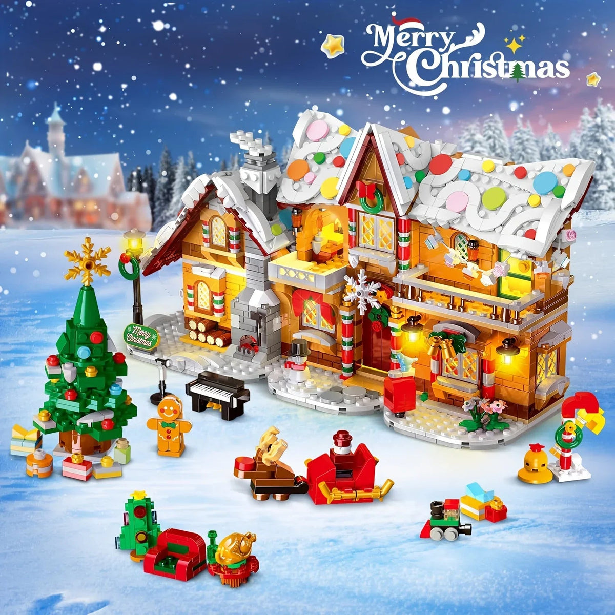 LED Christmas Village Building Blocks Set with Train & Santa