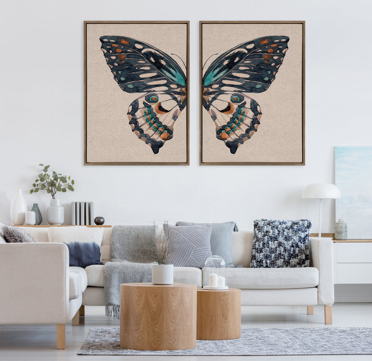 Sylvie Boho Butterfly Watercolor Diptych Neutral Linen Framed Canvas Art Set by The Creative Bunch Studio