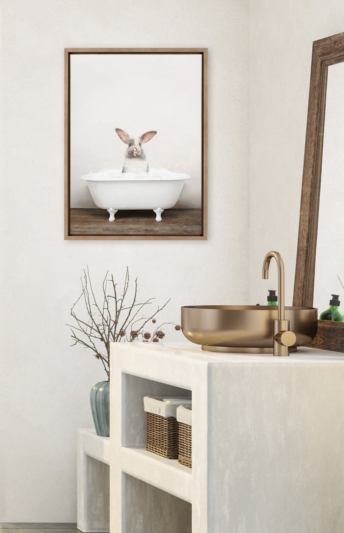 Sylvie Bunny in Rustic Bath Framed Canvas by Amy Peterson Art Studio