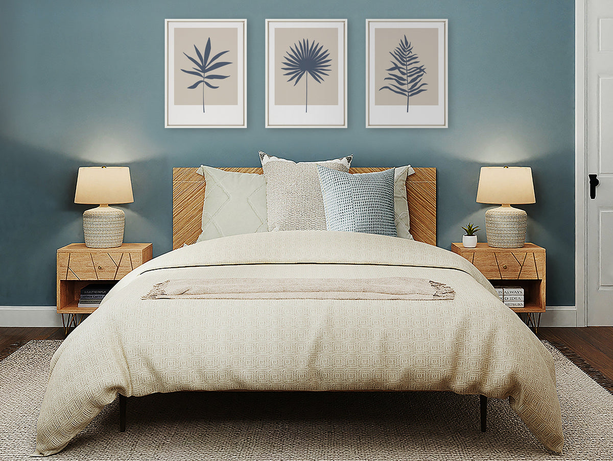 Sylvie Muted Tan and Blue Colorblock Botanical Palm Framed Canvas by The Creative Bunch Studio