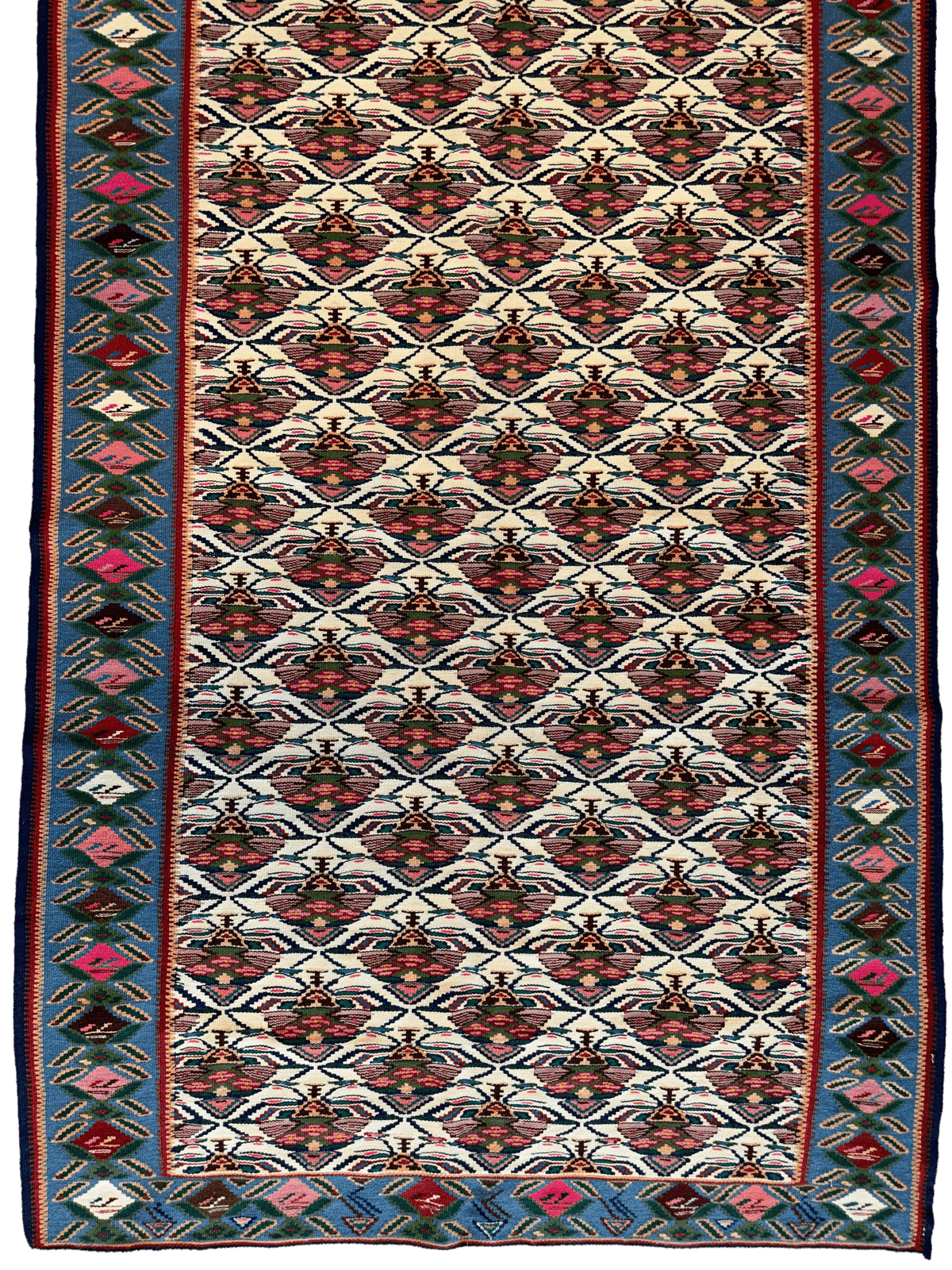 Vintage Persian Senneh Kilim Rug 4x9 | Ivory, Red & Blue | Hand-Woven Wool Flatweave - Rugistan, view 3