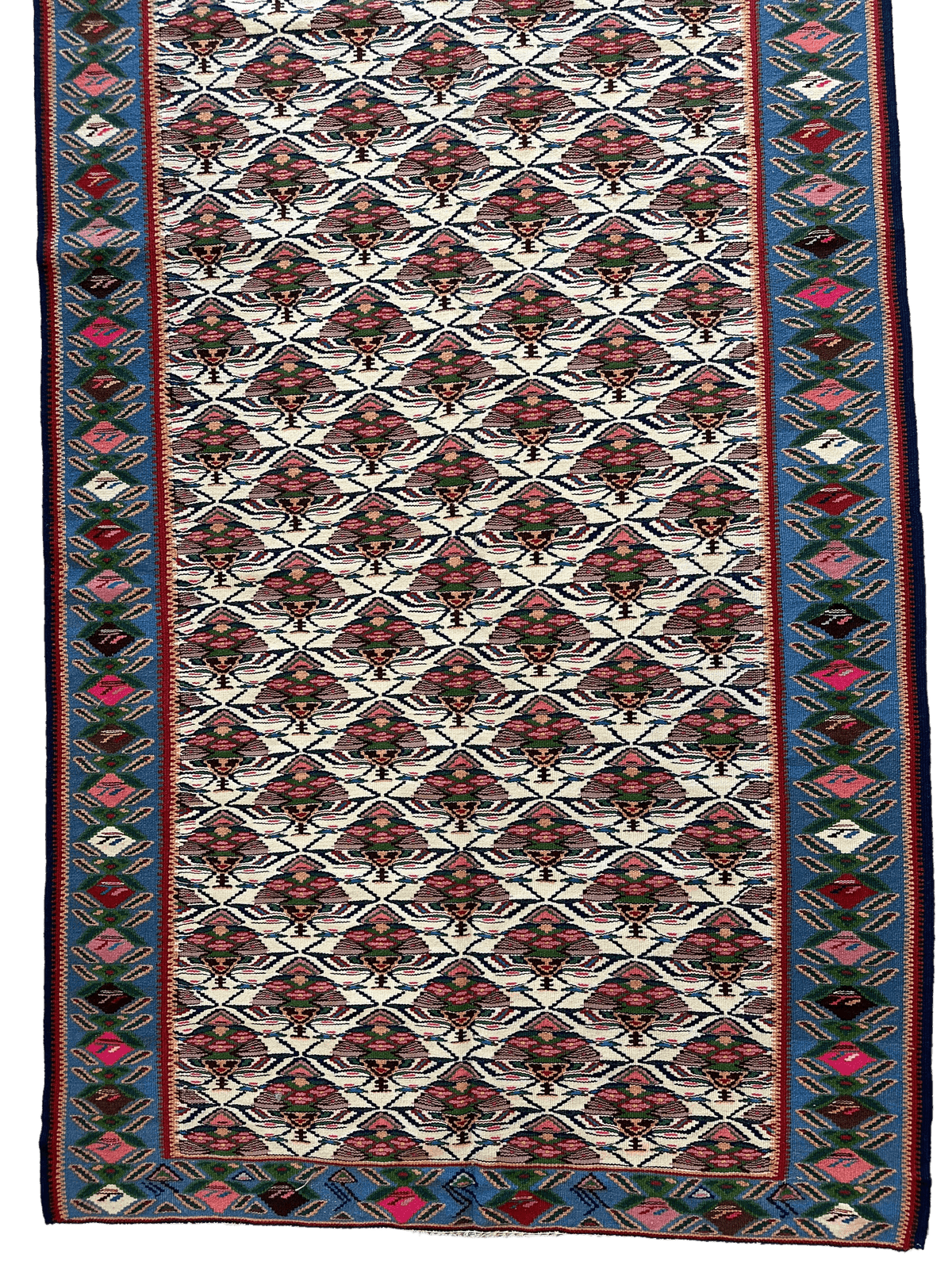 Vintage Persian Senneh Kilim Rug 4x9 | Ivory, Red & Blue | Hand-Woven Wool Flatweave - Rugistan, view 4