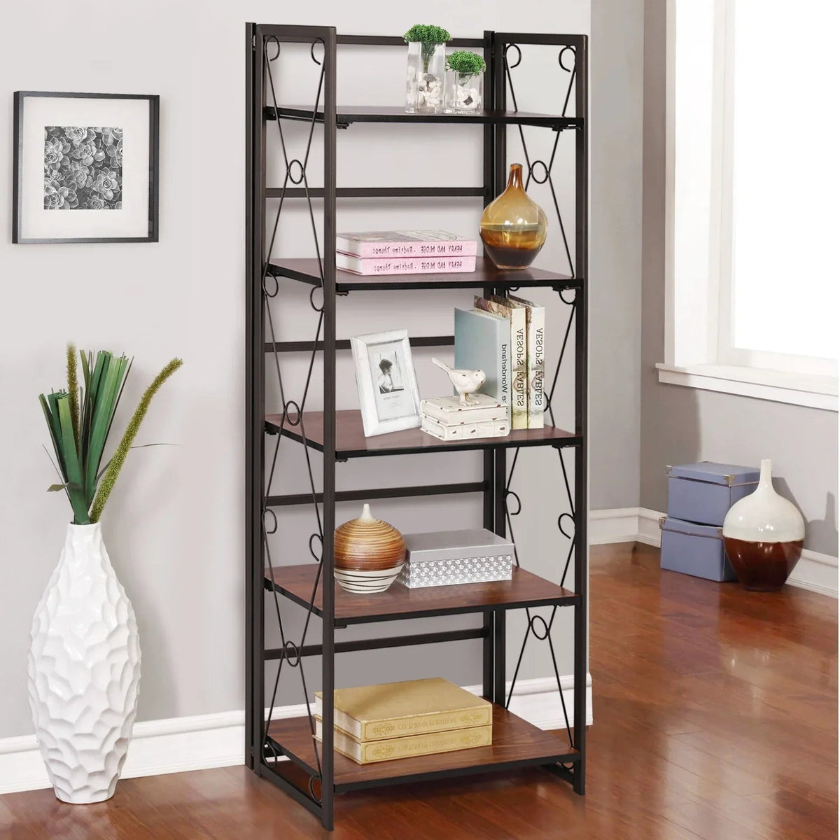 Metal 5 Shelf Folding Bookshelf Industrial Frame