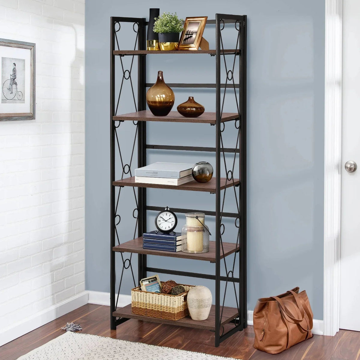 Metal 5 Shelf Folding Bookshelf Industrial Frame