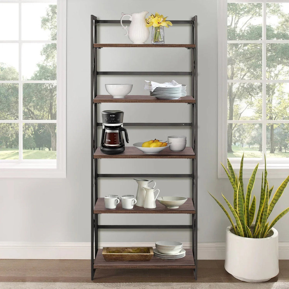 Metal 5 Shelf Folding Bookshelf Industrial Frame