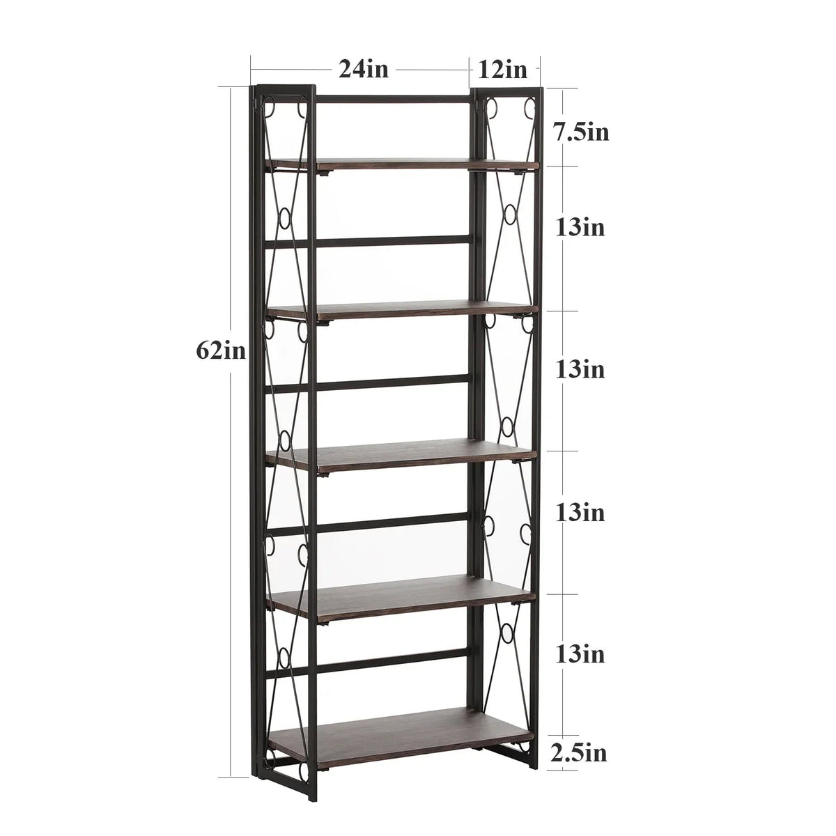 Metal 5 Shelf Folding Bookshelf Industrial Frame