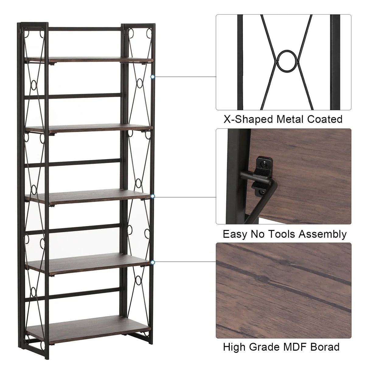 Metal 5 Shelf Folding Bookshelf Industrial Frame