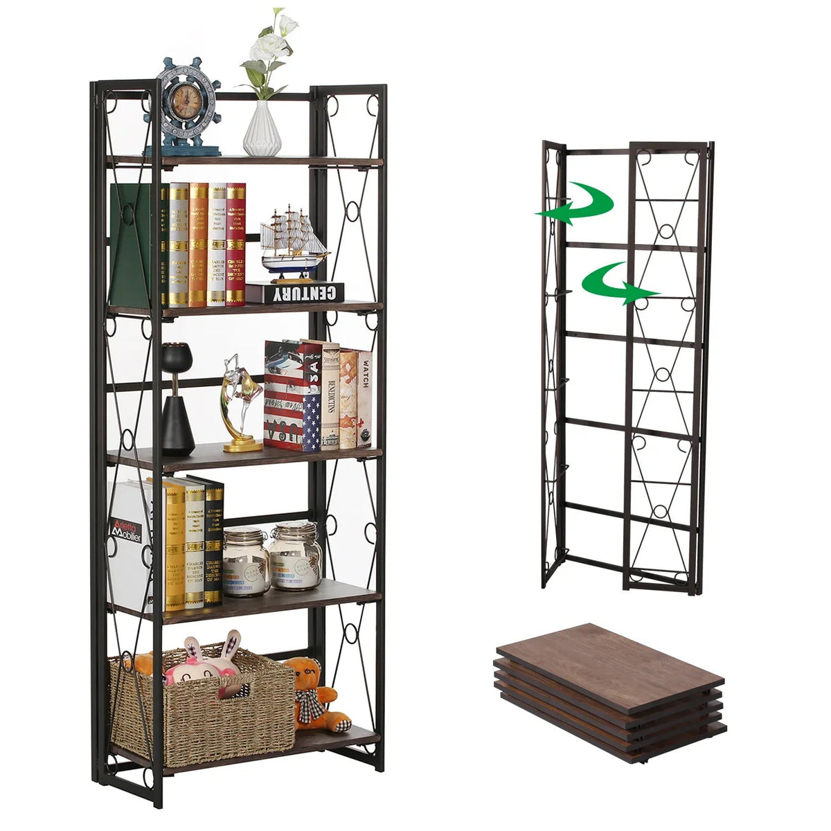 Metal 5 Shelf Folding Bookshelf Industrial Frame