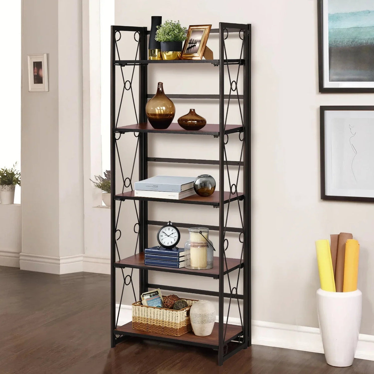 Metal 5 Shelf Folding Bookshelf Industrial Frame