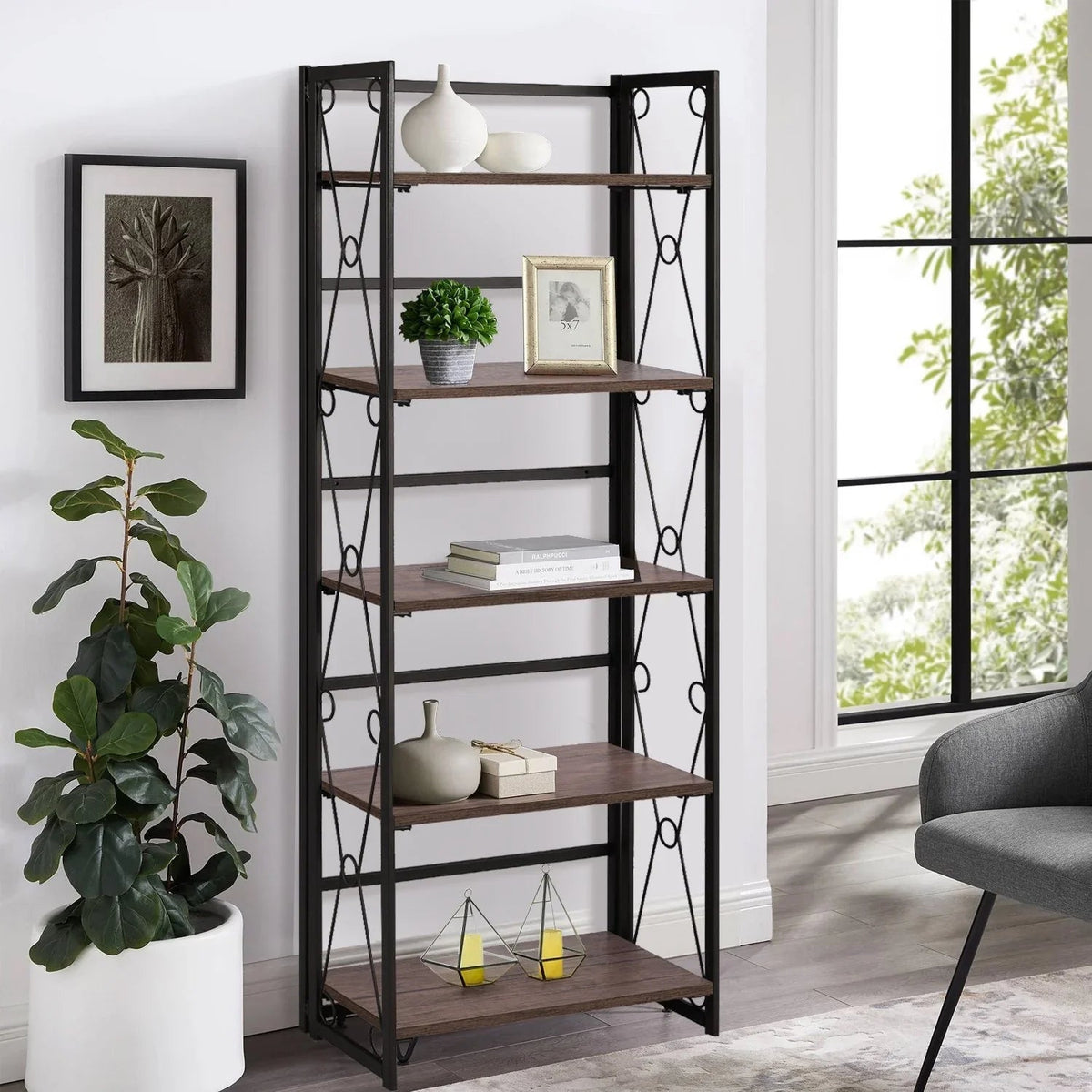 Metal 5 Shelf Folding Bookshelf Industrial Frame