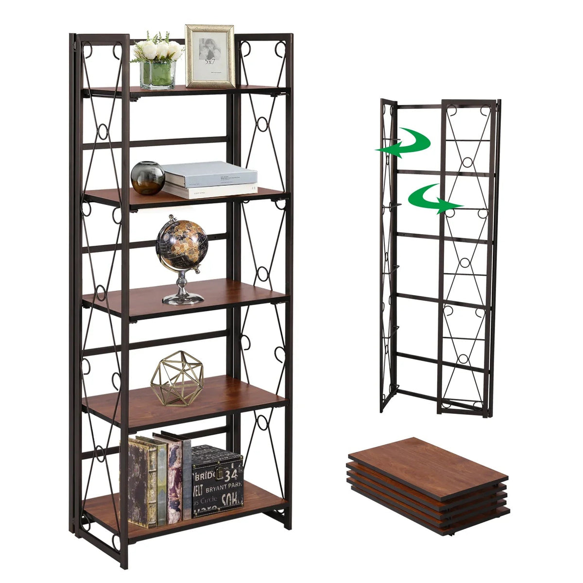 Metal 5 Shelf Folding Bookshelf Industrial Frame