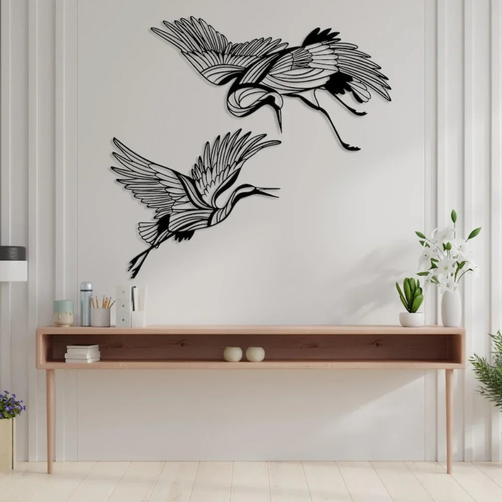 Metal Crane Wall Art Set of 2 with Flying Birds Decor