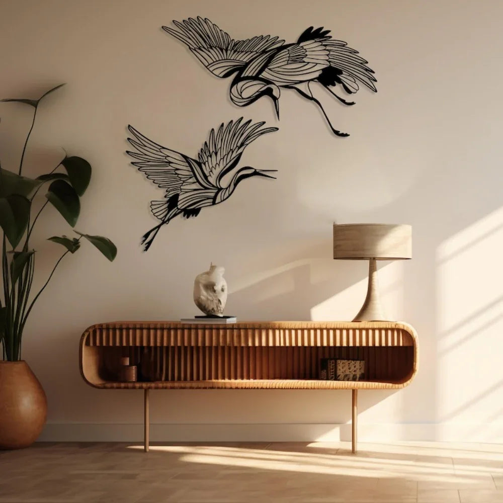 Metal Crane Wall Art Set of 2 with Flying Birds Decor