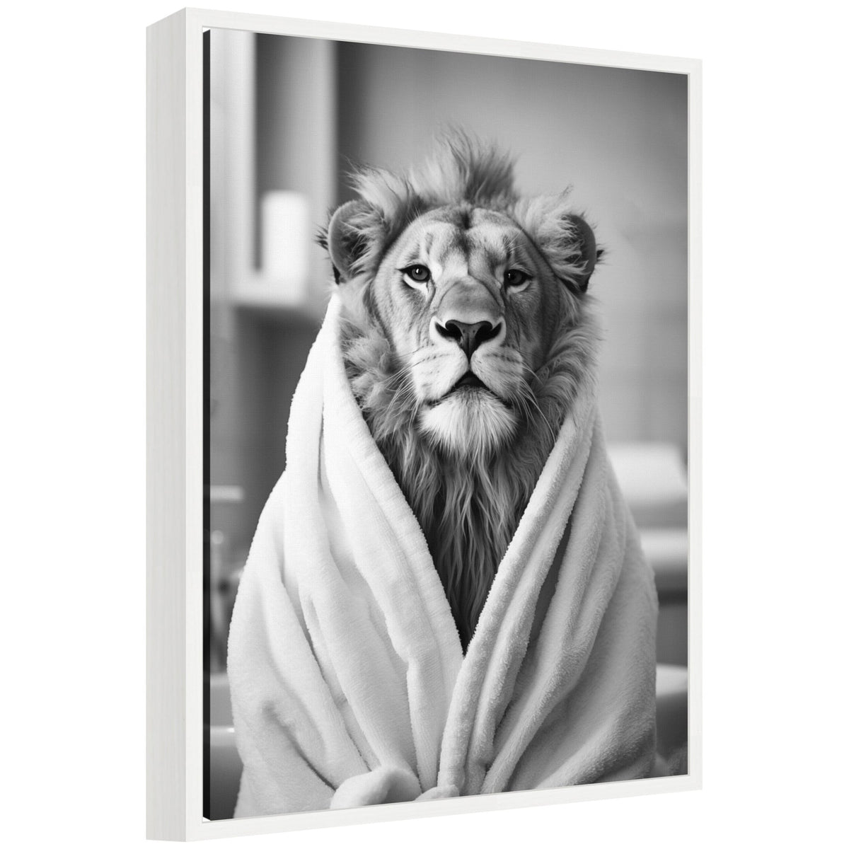 Sylvie Lion Bathroom Art Towel Robe Black and White Framed Canvas by The Creative Bunch Studio