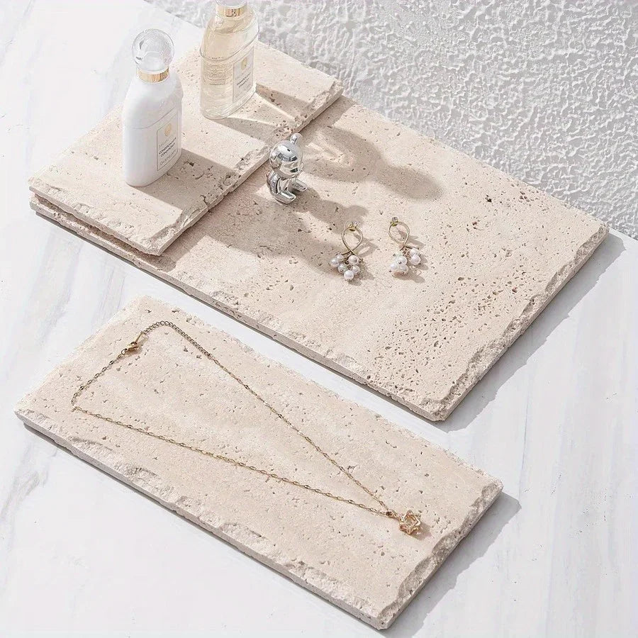 Natural Stone Hand-Carved Weathered Edge Coaster & Tray Set - Beige/ Eroded Texture, Non-Slip Rectangular Tabletop Organizer with Rounded Edges, Multi-Size Stone Coasters and Tray for Minimalist Vanity, Bathroom, Kitchen, Cof