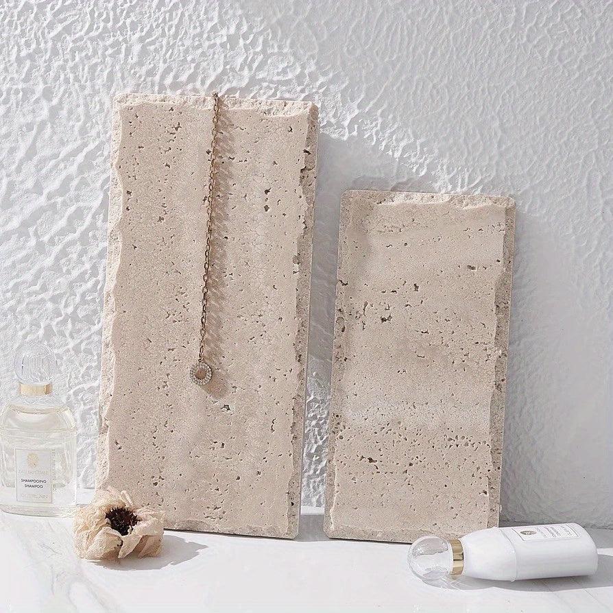 Natural Stone Hand-Carved Weathered Edge Coaster & Tray Set - Beige/ Eroded Texture, Non-Slip Rectangular Tabletop Organizer with Rounded Edges, Multi-Size Stone Coasters and Tray for Minimalist Vanity, Bathroom, Kitchen, Cof