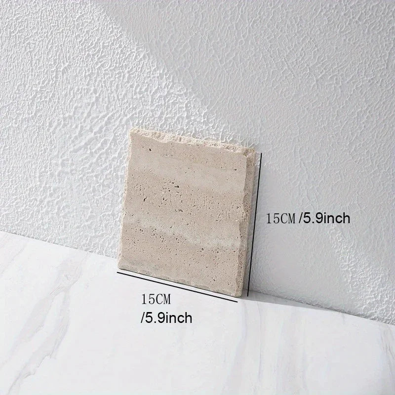 Natural Stone Hand-Carved Weathered Edge Coaster & Tray Set - Beige/ Eroded Texture, Non-Slip Rectangular Tabletop Organizer with Rounded Edges, Multi-Size Stone Coasters and Tray for Minimalist Vanity, Bathroom, Kitchen, Cof
