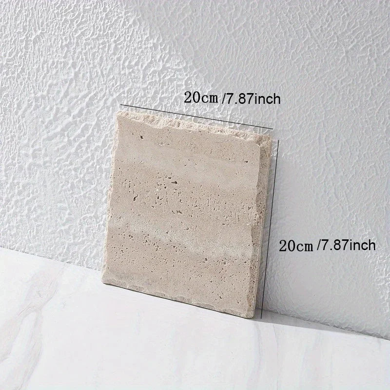 Natural Stone Hand-Carved Weathered Edge Coaster & Tray Set - Beige/ Eroded Texture, Non-Slip Rectangular Tabletop Organizer with Rounded Edges, Multi-Size Stone Coasters and Tray for Minimalist Vanity, Bathroom, Kitchen, Cof
