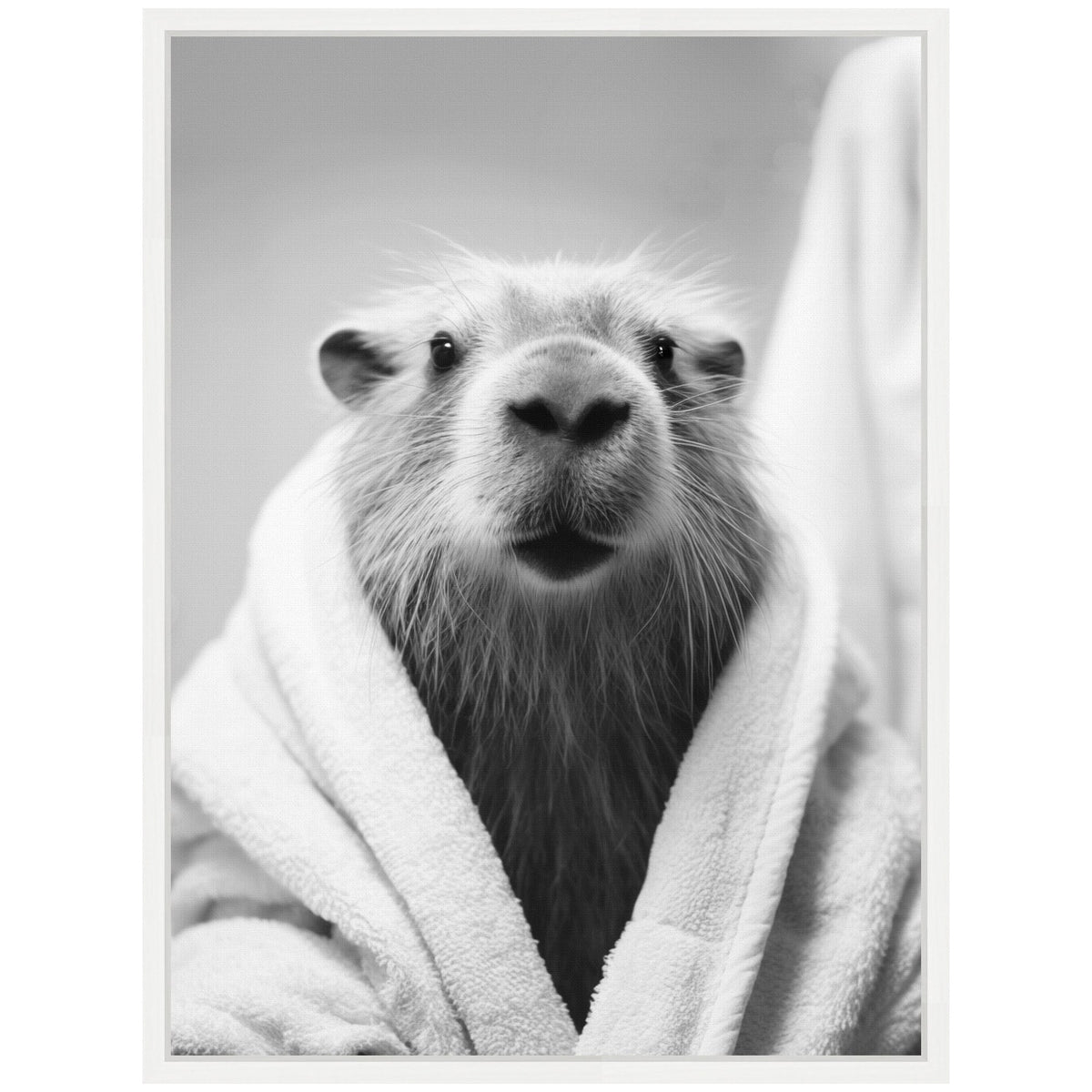 Sylvie Capybara Bathroom Art Towel Robe Black and White Framed Canvas by The Creative Bunch Studio