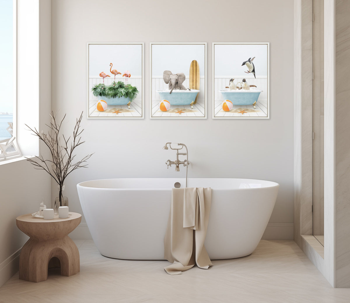 Sylvie Baby Elephant Beach House Bath with Surfboard Framed Canvas by Amy Peterson