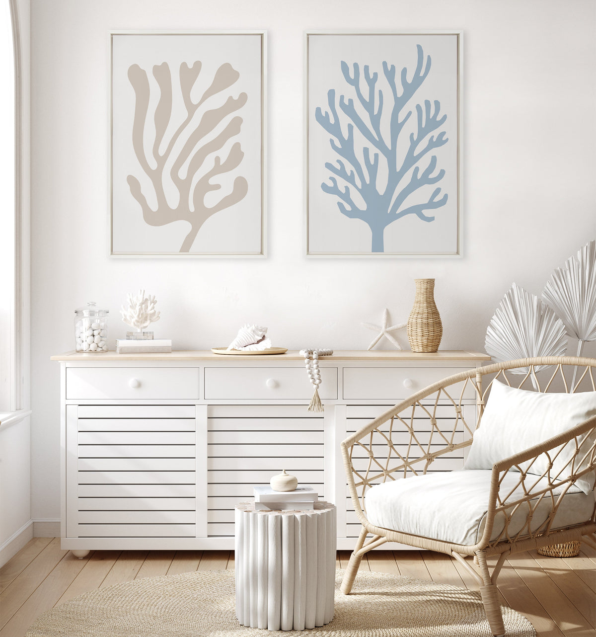 Sylvie Abstract Coral Ocean Blue Framed Canvas by The Creative Bunch Studio