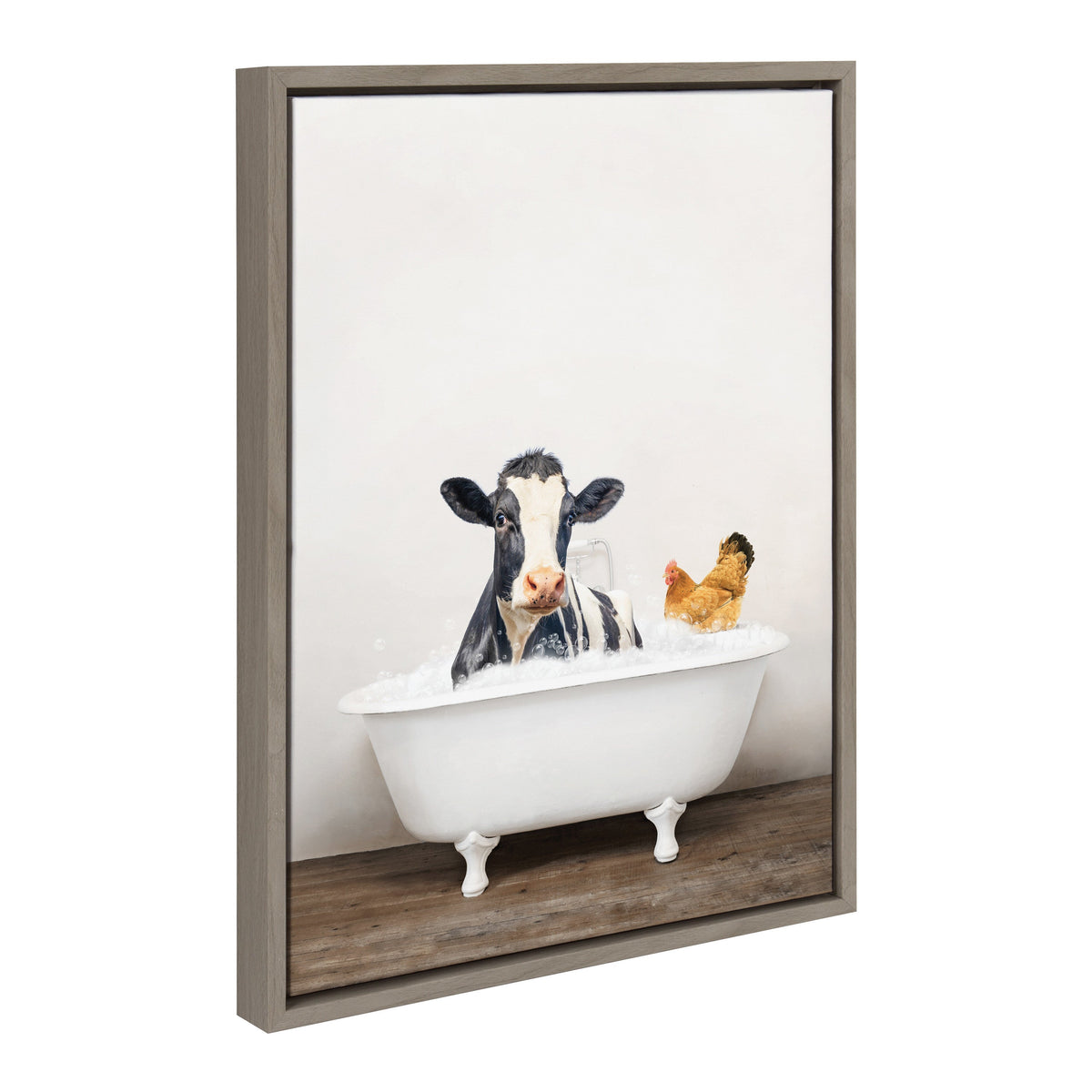 Sylvie Cow and Chicken in Rustic Bath Framed Canvas by Amy Peterson Art Studio