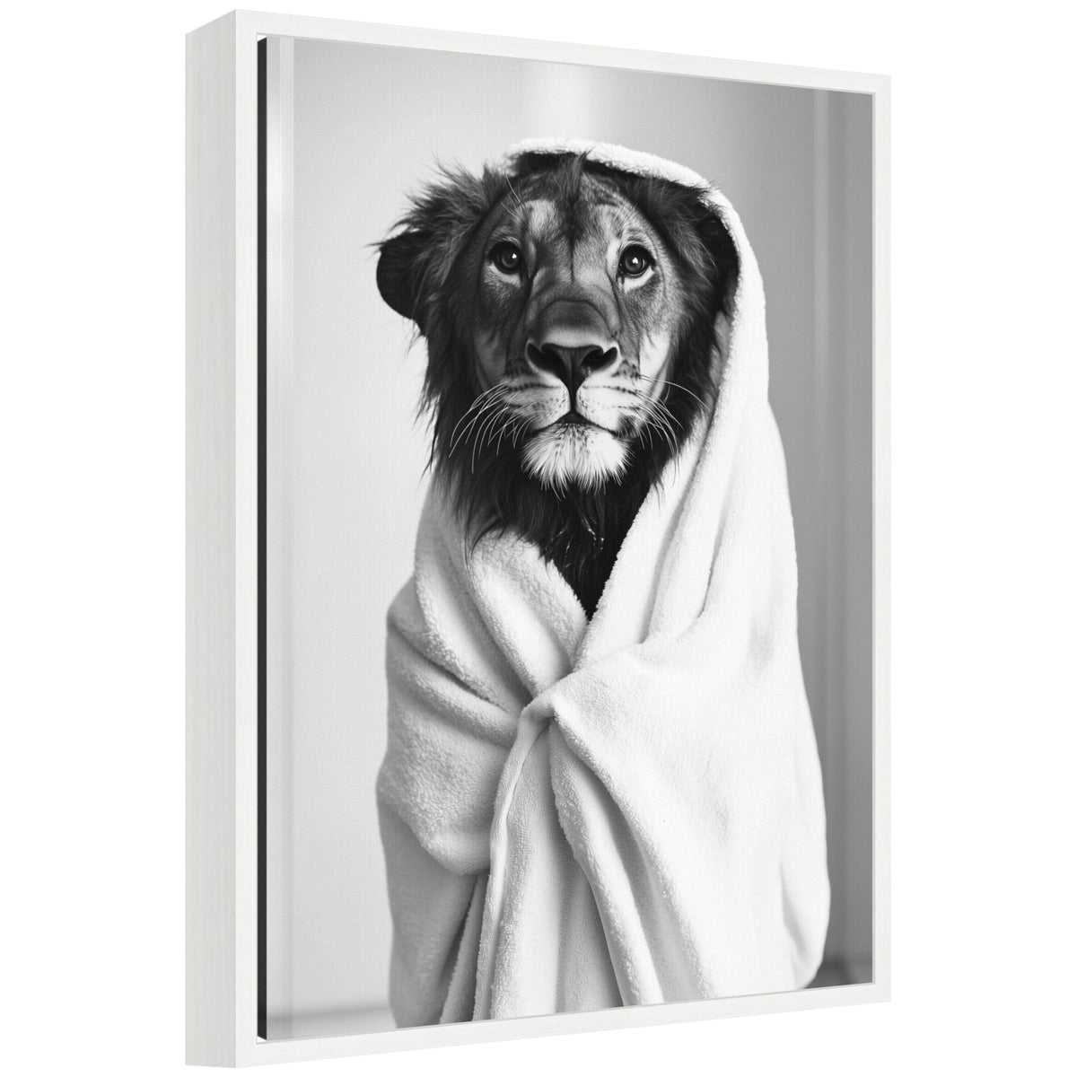 Sylvie Lioness Bathroom Art Towel Robe Black and White Framed Canvas by The Creative Bunch Studio