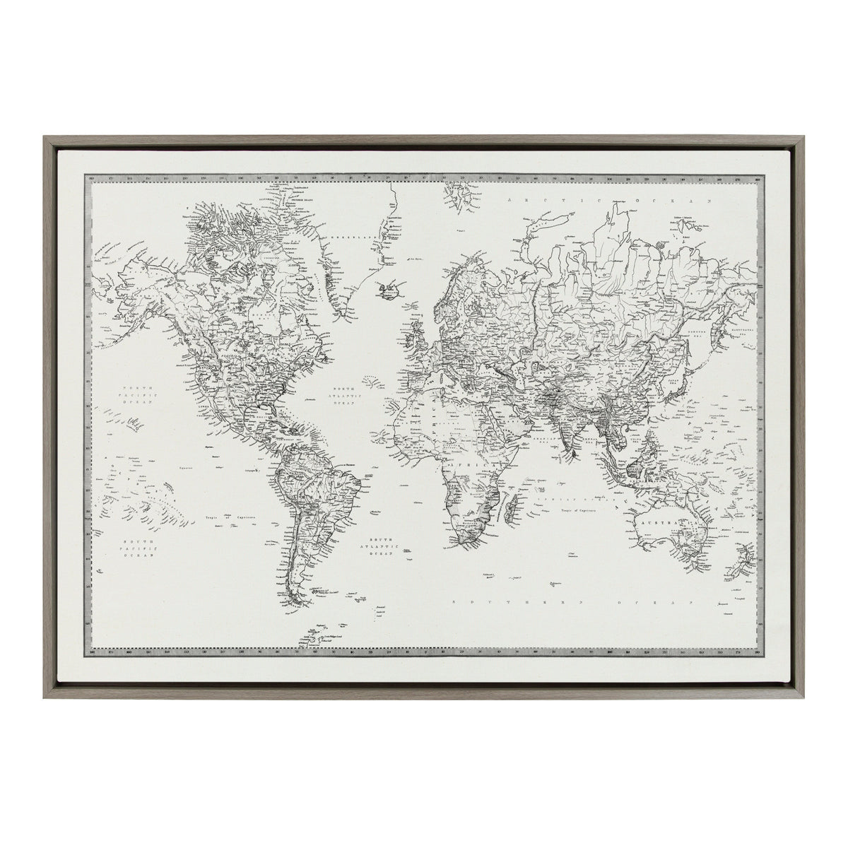 Sylvie Vintage Black and White World Map Framed Canvas by The Creative Bunch Studio