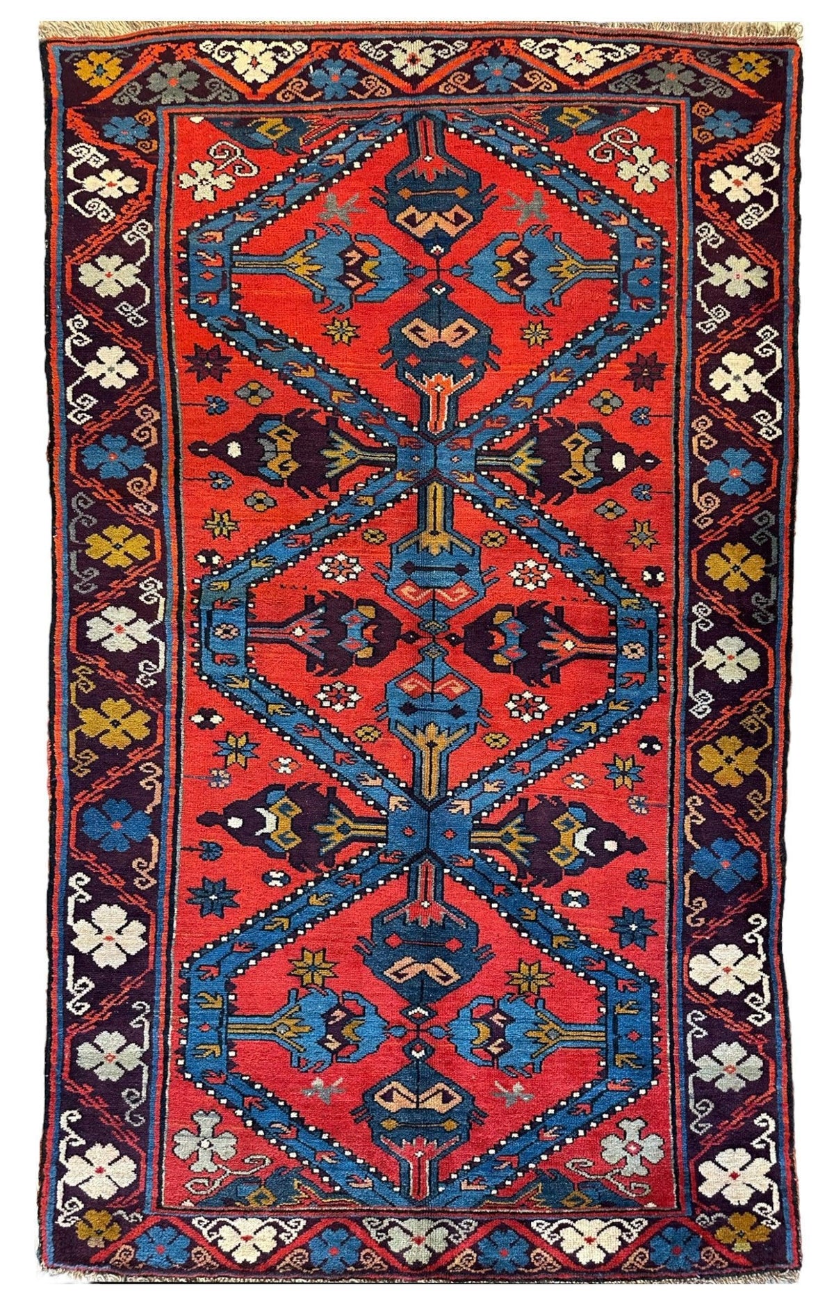 Vintage Caucasian Rug 4x7 | Red, Blue & Navy | Hand-Knotted Wool - Rugistan