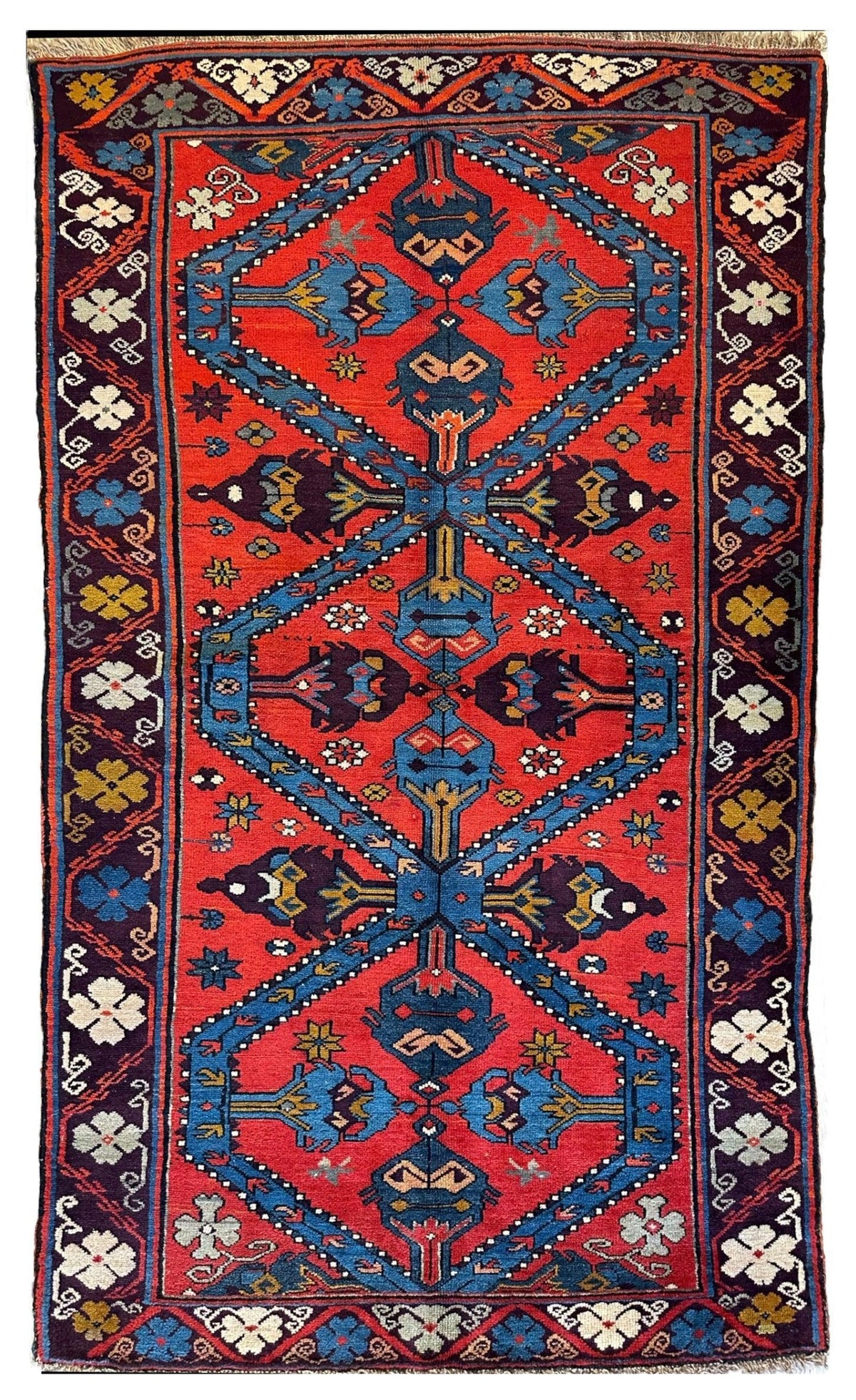 Vintage Caucasian Rug 4x7 | Red, Blue & Navy | Hand-Knotted Wool - Rugistan, view 2