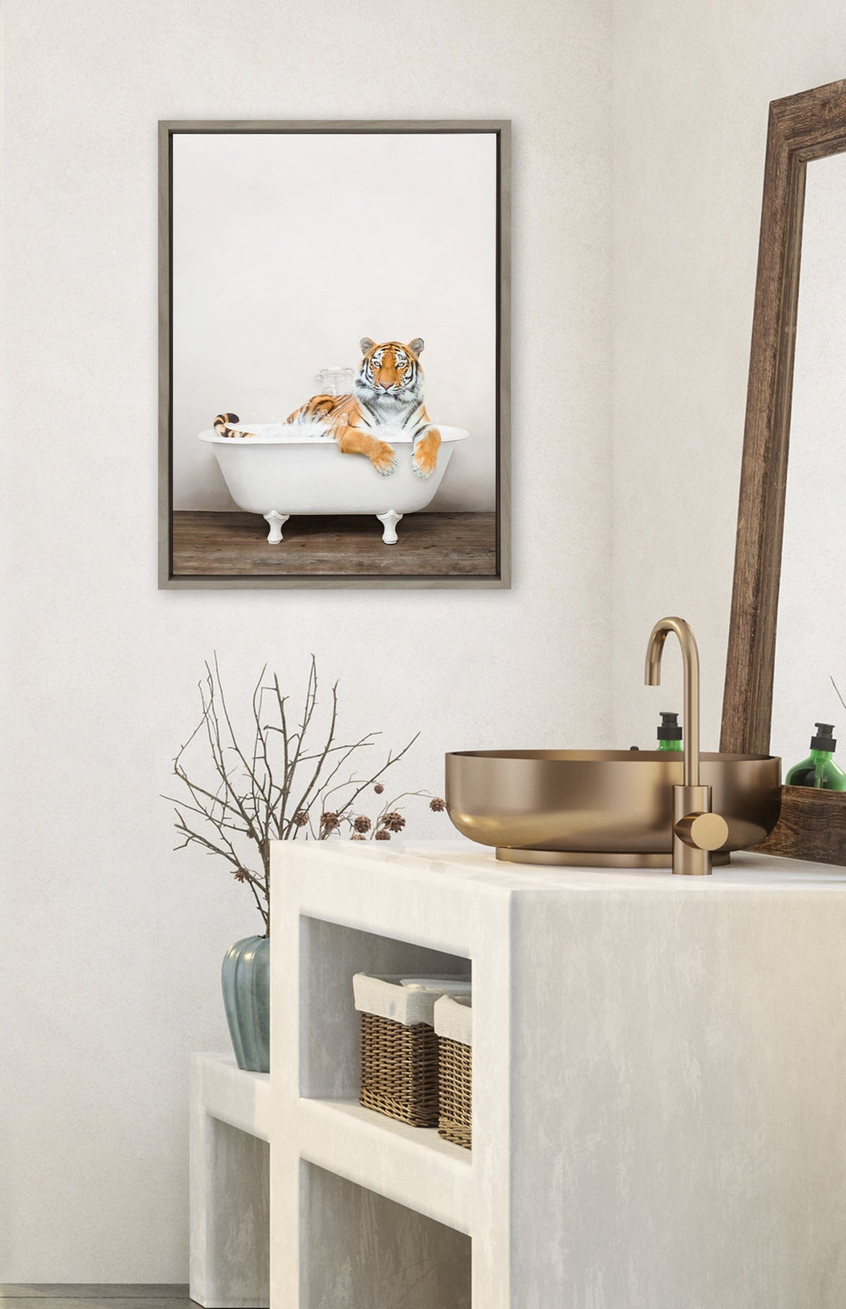 Sylvie Bengal Tiger in Rustic Bath Framed Canvas by Amy Peterson Art Studio