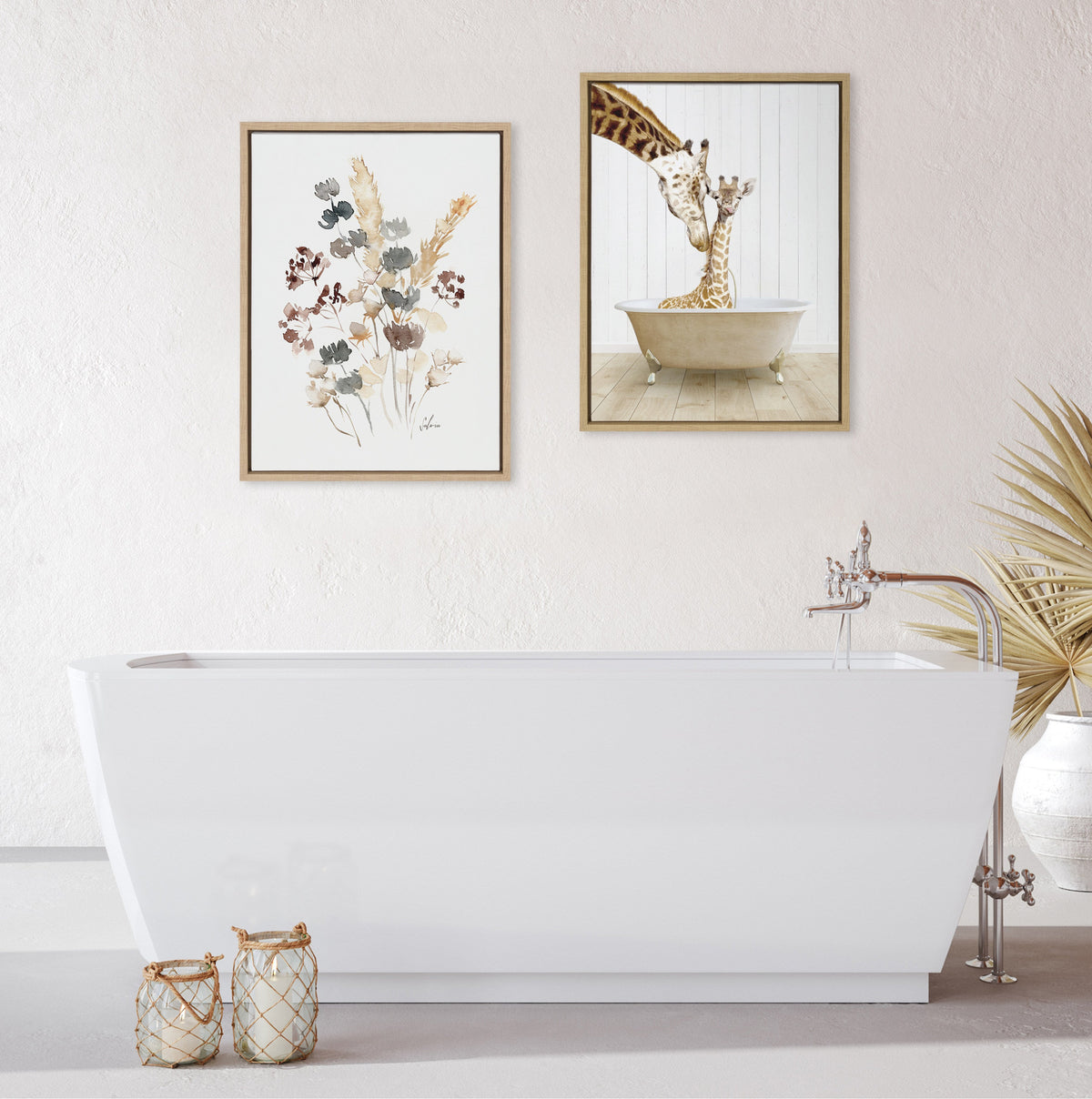 Sylvie Mother and Baby Giraffe Farmhouse Bath Framed Canvas by Amy Peterson Art Studio