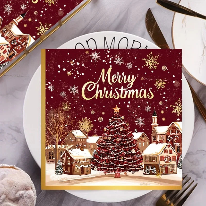 Paper Table Napkins 20-Pack Red and Golden Snowflakes Winter Design