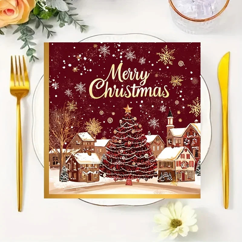 Paper Table Napkins 20-Pack Red and Golden Snowflakes Winter Design