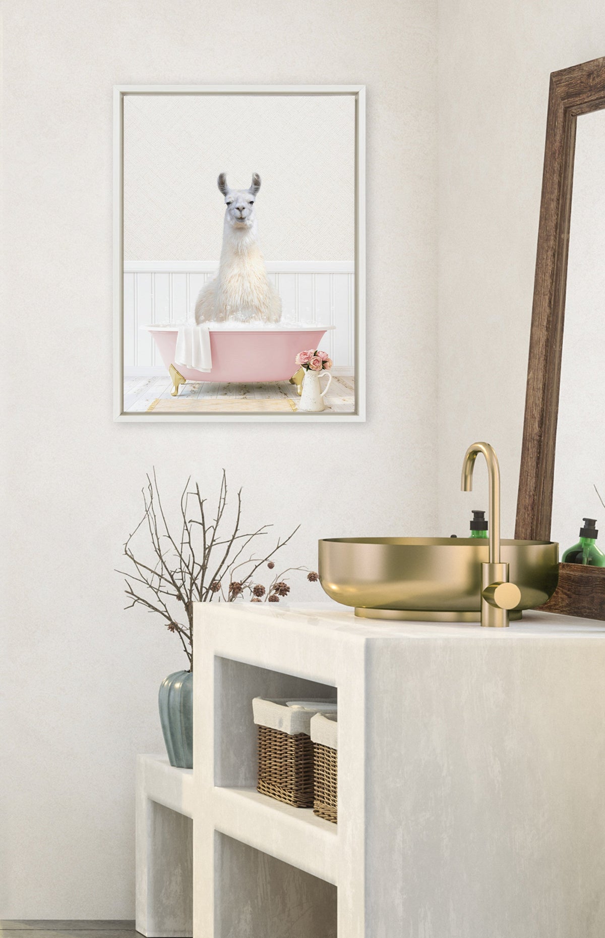 Sylvie Llama in Cottage Rose Bath Framed Canvas by Amy Peterson Art Studio