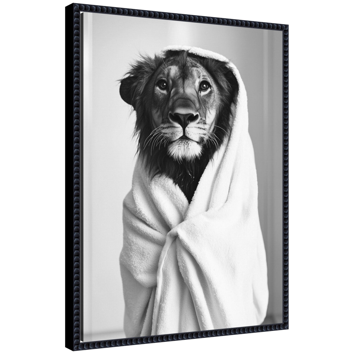 Sylvie Lioness Bathroom Art Towel Robe Black and White Framed Canvas by The Creative Bunch Studio
