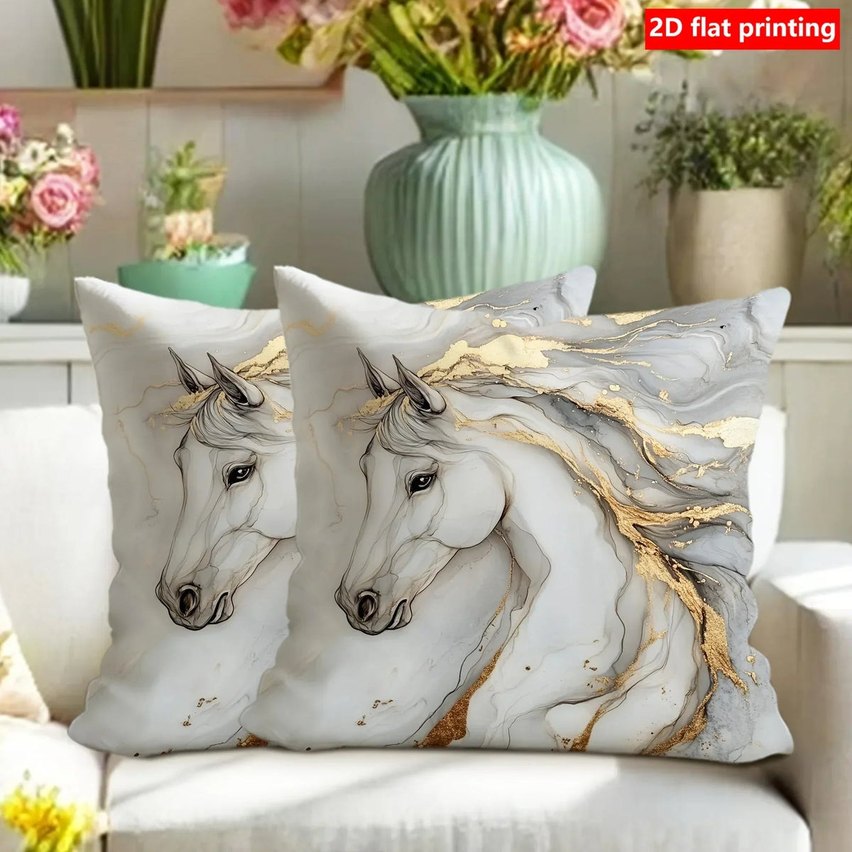 Pillow Covers - Zipper White Golden Abstract