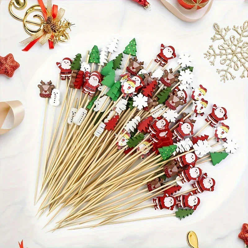 Plastic Christmas Roostertail Picks Set of 30 with Snowflakes and Reindeer Designs