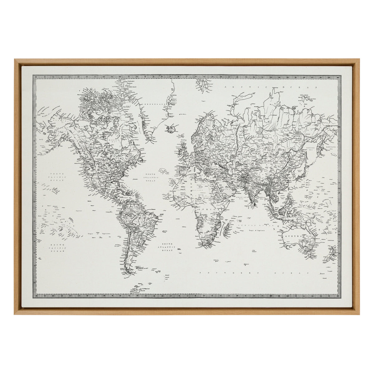 Sylvie Vintage Black and White World Map Framed Canvas by The Creative Bunch Studio