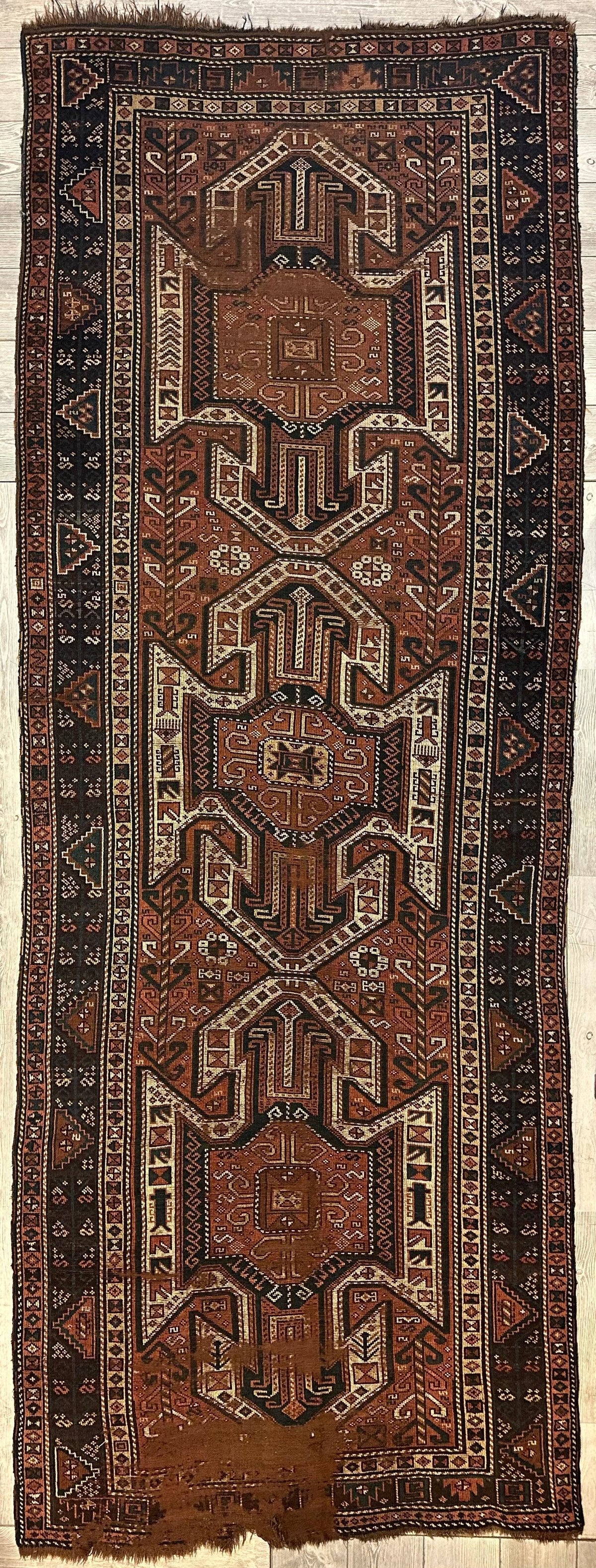 Antique Caucasian Kazak Runner 4x12 | Rust, Navy & Ivory | Hand-Knotted Wool - Rugistan
