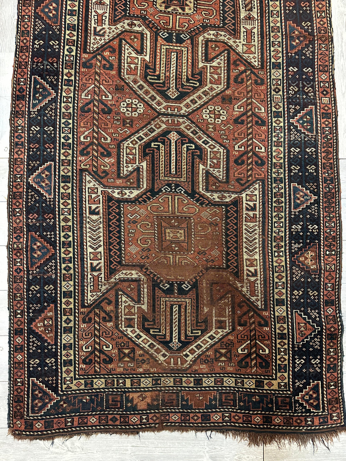 Antique Caucasian Kazak Runner 4x12 | Rust, Navy & Ivory | Hand-Knotted Wool - Rugistan, view 3