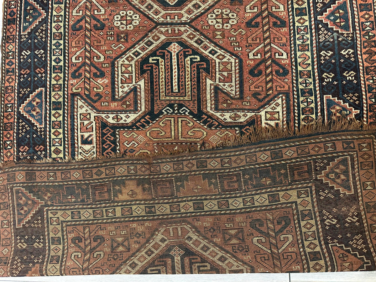 Antique Caucasian Kazak Runner 4x12 | Rust, Navy & Ivory | Hand-Knotted Wool - Rugistan, view 6